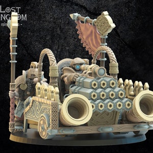 May include: A miniature model of a dwarf-operated, multi-barreled cannon mounted on a wooden cart. The cannon has a large, ornate design with intricate details. The dwarf is wearing a helmet and holding a lever. The cart is decorated with a banner featuring a Celtic knot design.