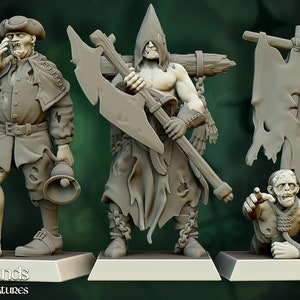 May include: Three miniature figures of undead creatures. The figure on the left is a zombie wearing a tattered coat and holding a bell. The figure in the center is a hooded zombie holding a large axe. The figure on the right is a crawling zombie with a rope tied around its neck.