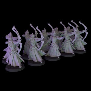 May include: A group of ten miniature figurines of elves, each holding a bow and arrow, posed in a battle formation. The figurines are made of a light gray plastic and are painted in a muted, realistic style.