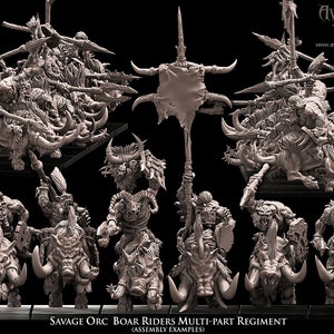 Könnte beinhalten: Ein mehrteiliges Plastikmodell-Set eines Regiments wilder Orc-Bärschweine-Reiter. Das Set enthält mehrere Orcs, die auf Wildschweinen reiten, jedes mit einer Vielzahl von Waffen und Zubehör. Das Modell-Set ist unbemalt und muss zusammengebaut werden.