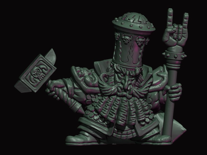 Puede incluir: Figura gris detallada de un enano con una larga barba, sosteniendo un martillo y un bast&oacute;n con un gesto con la mano. El enano lleva un casco y una armadura, con detalles de calaveras. La figura est&aacute; sobre un fondo negro.
