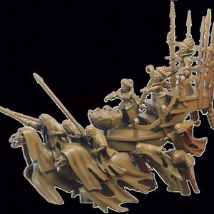 May include: A miniature model of a skeletal chariot pulled by four skeletal horses. The chariot is decorated with a cauldron and several figures. The figures are dressed in robes and holding weapons.