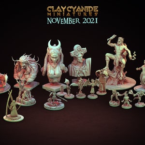 May include: A collection of 20 unpainted miniature figurines, including a crab, a woman with long hair, a bust of a woman with a crescent moon headdress, a bust of a man with a hat, a man holding a sword, a woman with a bow and arrow, a man with a spear, a man with a staff, a man with a sword, a man with a shield, a man with a sword, a man with a shield, a man with a sword, a man with a shield, a man with a sword, a man with a shield, a man with a sword, a man with a shield, a man with a sword, a man with a shield. The miniatures are all in various poses and are made of a light gray material. The text "CLAYCYANIDE MINIATURES NOVEMBER 2021" is visible at the top of the image.