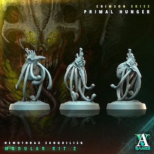 May include: Three grey plastic miniature figures of a creature with tentacles and a beak. The figures are on circular bases. The background is a blurry image of a larger creature with yellow eyes. The text "Crimson Skies Primal Hunger" is at the top of the image. The text "Hemothrax Sanguilisk Modular Kit 2" is at the bottom of the image.