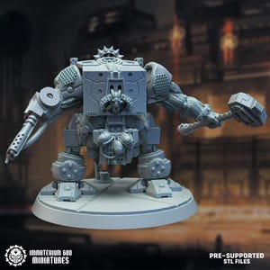 May include: A gray miniature robot figure with a hammer and a cannon arm. The figure has a detailed design with mechanical elements and is standing on a circular base. The text "IMMATERIUM GOD MINIATURES" and "PRE-SUPPORTED STL FILES" are visible.