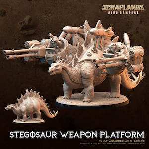 Könnte beinhalten: Ein graues Plastikmodell eines Stegosaurus-Waffenplattforms aus dem ScrapLandz Dino Rampage Spiel. Das Modell zeigt einen Stegosaurus mit einem großen Waffensystem, das auf seinem Rücken montiert ist. Das Modell ist vollständig gepanzert und verfügt über mehrere Reiterkopfoptionen. Das Modell ist 120 mm groß und wird mit einer ovalen Basis geliefert.