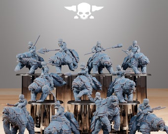Könnte beinhalten: Eine Sammlung blau-grauer Miniaturfiguren, die Soldaten auf gepanzerten Bären darstellen. Die Soldaten sind mit Waffen ausgestattet. Die Figuren sind auf mehrstufigen Präsentationsständern angeordnet. Der Text "STATIONFORGE" und ein Totenkopf-Logo sind zu sehen.