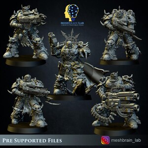 May include: Five 3D printed miniature figures of warriors in futuristic armor, holding weapons. The figures are posed in dynamic stances and have intricate details. The figures are pre-supported for 3D printing.