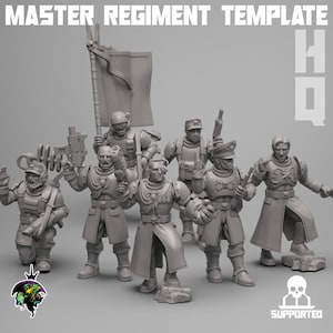 May include: A set of eight grey plastic miniature figures of soldiers, some holding weapons, others holding flags. The figures are standing on a grey background. The text "HQ" is in the top right corner of the image. The text "MASTER REGIMENT TEMPLATE" is at the top of the image.