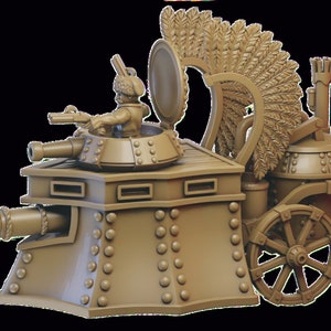 May include: A brown, steampunk-style tank with a turret, a cannon, and a large, feathered wheel. The tank has a small figure of a person in the turret.
