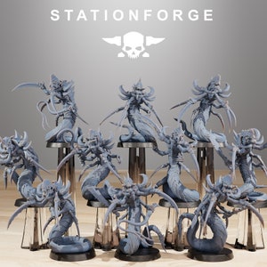 May include: A set of ten gray, detailed, plastic miniature figures of creatures with multiple limbs and tails. The figures are posed in various dynamic positions and are arranged on circular bases. The figures are displayed against a gray background with the text "STATIONFORGE" in white letters.
