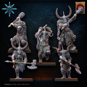 Puede incluir: Una colección de figuras de guerreros en miniatura, cada una posando con armas y armaduras. Las figuras están en varias poses de acción, con cascos con cuernos y detalles de piel. Fondo azul oscuro con el texto "Warriors of the Dark Gods Vol. 4".