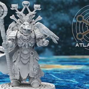May include: A detailed, white, 3D printed miniature of a fantasy warrior figure holding a staff with a circular top. The figure is wearing ornate armour and has a raven perched on its shoulder. The figure is standing on a circular base. The background is a blurry image of a blue and white surface.