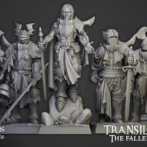 May include: Five miniature figures of knights in grey armour, holding swords and shields. The figures are standing on a base with a skull in the centre. The text "TRANSILVNYA THE FALLEN REALM" is printed on the base.