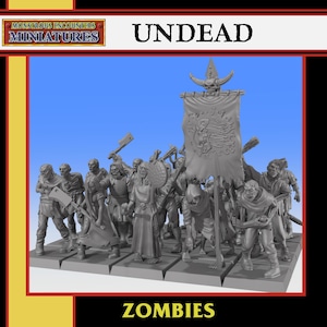 Pode incluir: Um grupo de zumbis em miniatura cinzentos da coleção "Monstrous Encounters Miniatures". As figuras dos mortos-vivos estão em várias poses, algumas segurando armas e uma faixa com uma caveira e um emblema. A palavra "UNDEAD" está acima das figuras, e "ZOMBIES" abaixo.