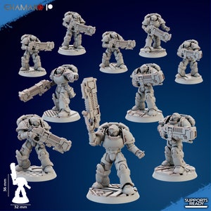 May include: A set of ten 3D printed miniature figures of space marines, each holding a weapon. The figures are grey and are posed in various action stances. The figures are standing on circular bases. The text "SUPPORTS READY" is visible in the bottom right corner of the image.