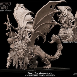 May include: A detailed 3D printed model of a Dark Elf Manticore, a mythical creature with a lion's body, a scorpion's tail, and bat-like wings. The model is posed in a dynamic stance, with the wings spread wide and the tail raised. The model is pre-supported for easy printing.