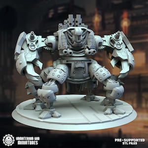 May include: A gray, detailed miniature robot with multiple articulated limbs, weapons, and a complex head design. The robot is standing on a circular platform. The text "IMMATERIUM GOD MINIATURES" and "PRE-SUPPORTED STL FILES" are visible.