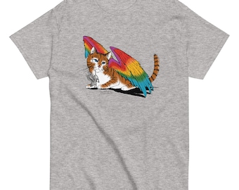 Winged Cat and Mouse, A rainbow winged cat holding a small grey Winged mouse. Unisex classic tee