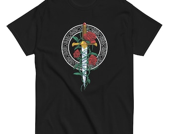 Rose Dagger, smaller and lowered design. Celtic Circle with a dagger in front encircled with vines & Roses. Gildan Unisex classic tee