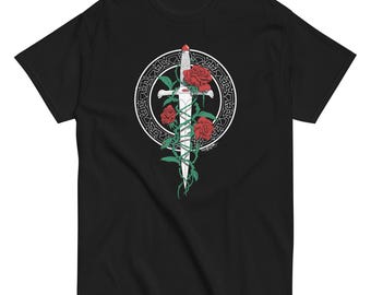Rose Dagger 01, Original Three color design. Celtic Circle with a dagger in front encircled with vines & Roses.Unisex classic tee