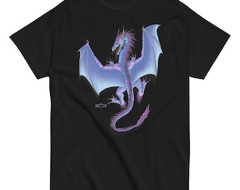 Big Dragon Dark, Dragon wings spread, clinging on the front of the shirt. Unisex classic tee