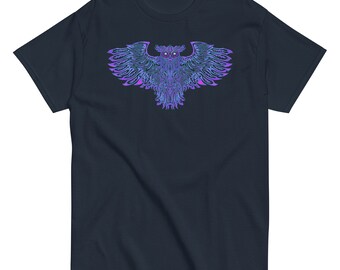 Tribal Blue & Purple Owl, A tribal style owl flying towards you. Men's classic tee