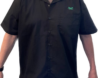 Corporate Cthulhu, Embroidered Tribal Cthulhu Black button up Short Sleeve Camp/Work Shirt.