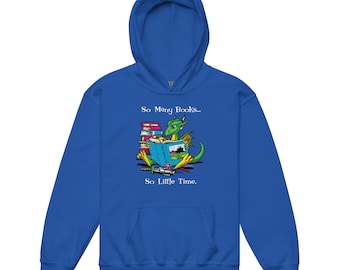 So Many Books... So Little Time! Green Cute Dragon reading a book with toys scattered around him. Youth heavy blend hoodie