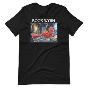 Book Wyrm, Red Dragon reading a book on a pile of books, Artist: Ray VanTilburg,  Short-Sleeve Unisex T-Shirt