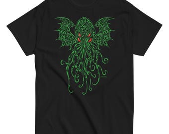 Cthulhu, tribal stylized, Green with Red Eyes,  Unisex classic tee