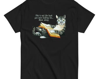 Cat in glasses reading a book. Unisex classic tee