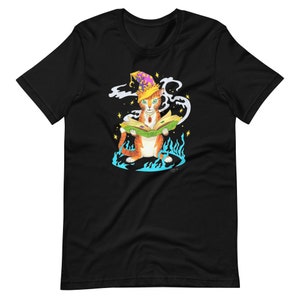 May include: A black t-shirt with a graphic of an orange tabby cat wearing a purple and gold wizard hat. The cat is holding an open book and is surrounded by blue flames and stars.
