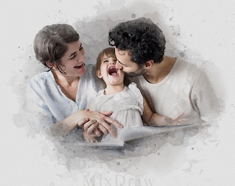 Custom Watercolor Family Portrait from Photo (Digital File)