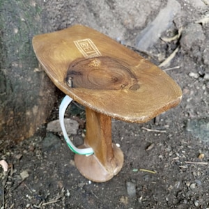 Puede incluir: Un taburete de madera con una parte superior tallada y una sola pierna. La parte superior es marrón y tiene un patrón de veta circular. La pierna también es marrón y tiene un diseño tallado. El taburete está sentado sobre una superficie de tierra.