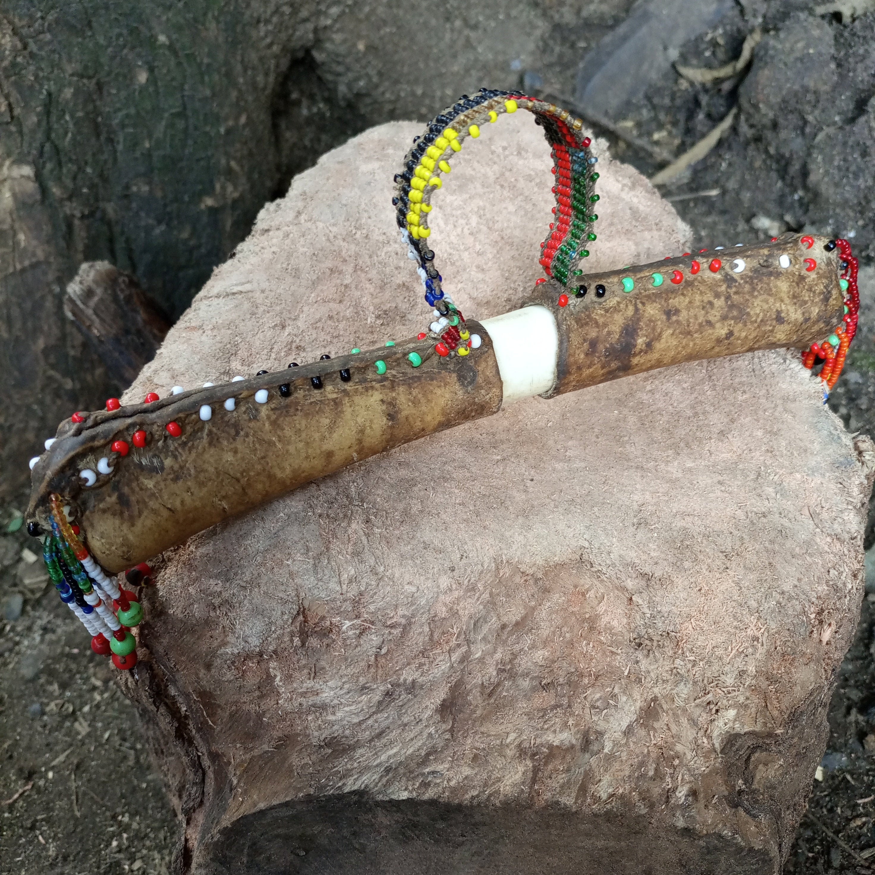 Vintage Turkana Beaded Leather & Horn Tobacco Herb Storage Container Antique Kenya African Art Multicolor Antique Shelf Wall Hanging USED