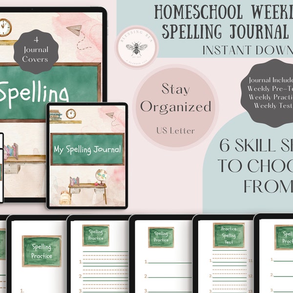 Homeschool Weekly Spelling Journal Pre-Test, Spelling Practice, Final Test, Kindergarten - 5th grade