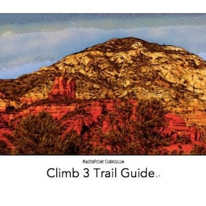 May include: A colorful, abstract painting of a mountain range with a blue sky in the background. The text "Climb 3 Trail Guide v.1" is at the bottom of the image.