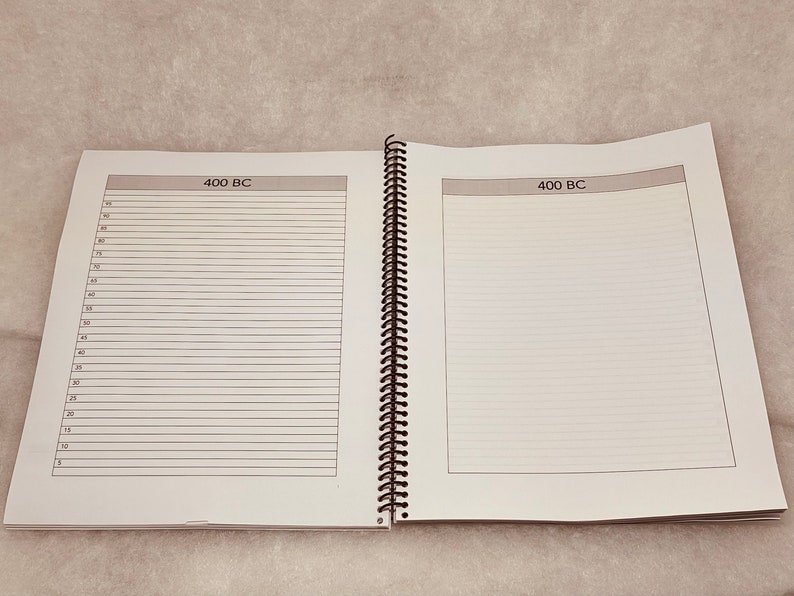 Puede incluir: Un cuaderno blanco de espiral con encuadernaci&oacute;n negra. El cuaderno tiene dos p&aacute;ginas abiertas, cada una con el texto "400 BC" en la parte superior. Las p&aacute;ginas est&aacute;n rayadas con l&iacute;neas grises.