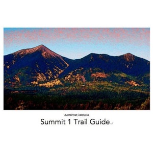 May include: A panoramic view of a mountain range with a blue sky and pink clouds in the background. The mountains are covered in trees and have a dark blue hue. The text "Summit 1 Trail Guide" is at the bottom of the image.