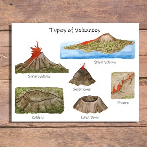 Puede incluir: Una ilustración de diferentes tipos de volcanes, incluyendo un estratovolcán, un volcán en escudo, un cono de ceniza, una caldera, una cúpula de lava y una fisura. La ilustración está hecha en estilo acuarela con un fondo azul claro.