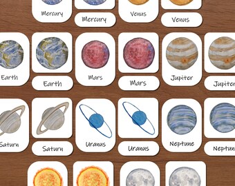 Solar System Three-Part Cards: sun and planets, astronomy for kids, nomenclature cards, outer space activity, preschool printables