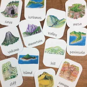 Landforms Three-Part Cards: Montessori-style flashcards, homeschool printables, classroom materials, geography lesson, nomenclature cards