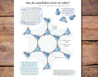 Snowflake Six Sides Classroom Poster, Water Molecule Print (PDF Download)