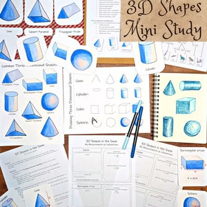 May include: Educational resources for studying 3D shapes, featuring flashcards, worksheets, and a notebook with drawings of cones, cylinders, cubes, and spheres. The color palette is blue and white, with handwritten text. Metric measurements are used.