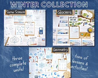 May include: A collection of three educational units for kids about snow science, glaciers, and geometry. The units include worksheets, activities, and diagrams. The text on the image reads "Wild Earth Lab's Winter Collection", "Snow Science", "Glaciers", "Geometry", "three complete units!" and "tons of lessons & activities!"