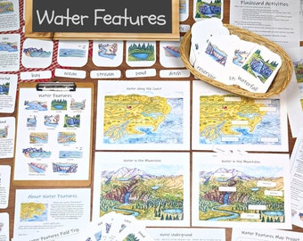 Water Features Unit: a printable earth science unit, learn about common waterbodies, homeschool geography printables