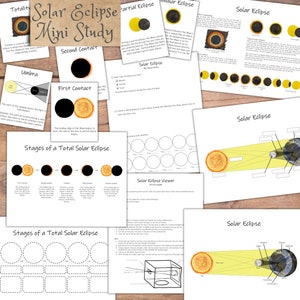 Puede incluir: Un conjunto de hojas de trabajo educativas imprimibles sobre eclipses solares. Las hojas de trabajo incluyen diagramas, ilustraciones y actividades para aprender sobre las diferentes etapas de un eclipse solar. Las hojas de trabajo se titulan "Solar Eclipse Mini Study", "Stages of a Total Solar Eclipse" y "Solar Eclipse Viewer".