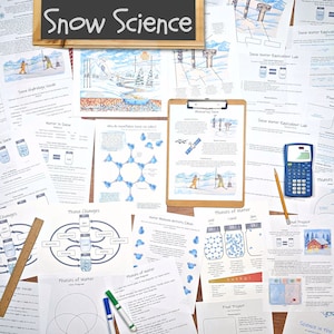 May include: A collection of printable worksheets and activities for a snow science unit. The worksheets feature illustrations of snowflakes, water molecules, and snow-covered landscapes. The title "Snow Science" is written on a chalkboard at the top of the image.