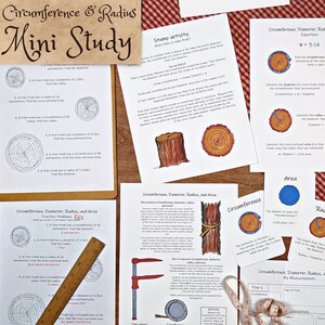 May include: A set of printable worksheets for teaching about circumference, diameter, radius, and area of circles. The worksheets feature illustrations of tree trunks with rings, a ruler, and a clamp. The text on the worksheets includes the equations for calculating circumference, diameter, radius, and area.